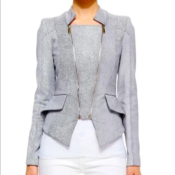 Valentina Shah Women's Faux Leather Jacket Size 6 Italy Gray Asym Moto Zip 7222
